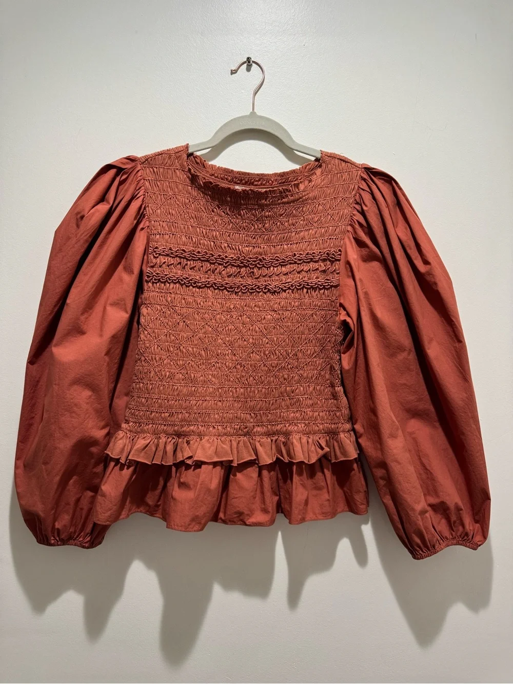Ulla Johnson Amelia Smocked Puff Sleeve Ruffle Blouse Size 8